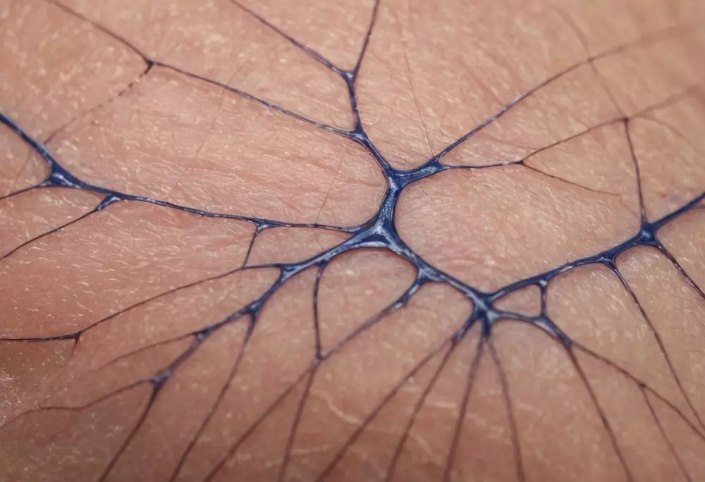 Nahaufnahme von Besenreisern auf der Haut, die das detaillierte Netzwerk bläulicher Adern unter der Haut zeigen, in einer klinischen, aber zugänglichen Umgebung, mit weichem natürlichen Licht, unter Verwendung eines Makroobjektivs, um die komplexen Details in einem hochauflösenden Foto einzufangen.