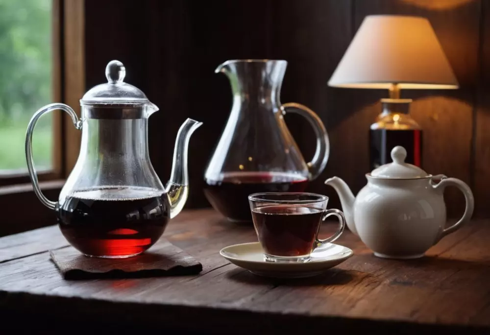 Eine elegante Anordnung von Kaffeetasse, Teekanne und einem Glas Wein auf einem dunklen Holztisch, mit sanfter Hintergrundbeleuchtung, die eine gemütliche und einladende Atmosphäre schafft. Fotografie mit Fokus auf den Getränken in einer schwach beleuchteten Umgebung.