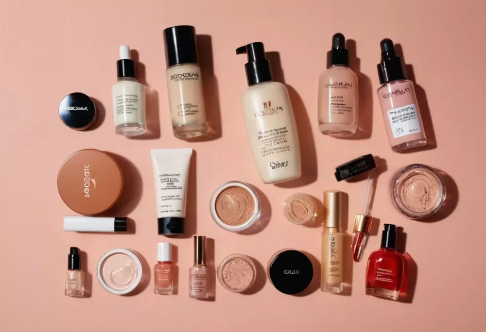 Verschiedene Kosmetikprodukte liegen aus, möglicherweise zur Abdeckung von Besenreisern auf der Nase verwendet, helle und saubere Anordnung, hohe Auflösung, um Produktdetails zu zeigen.