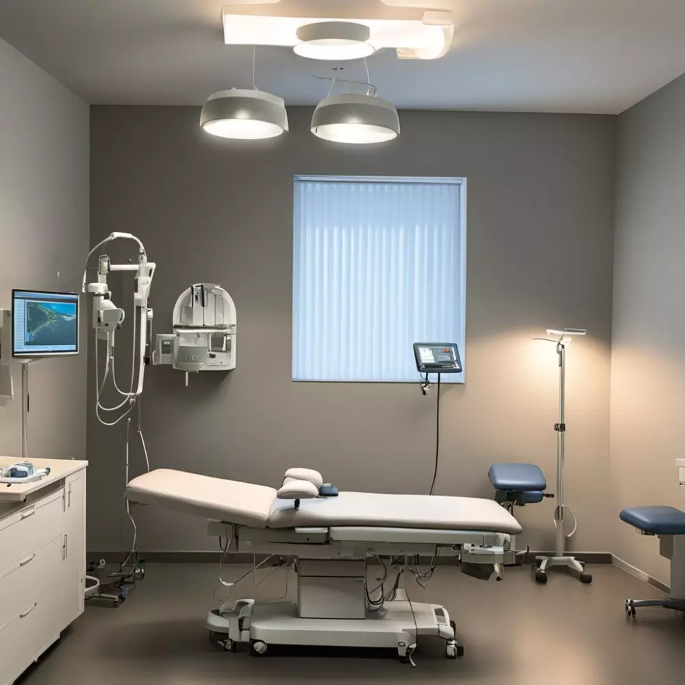 Professionelle Einrichtung eines Behandlungsraums mit Schwerpunkt auf einer Behandlungsliege und medizinischem Equipment, unter weichem, einladendem Licht, im fotografischen Stil.