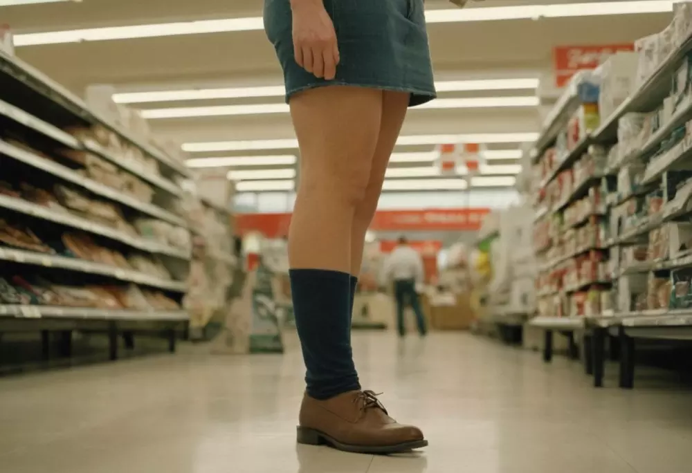 Junger Erwachsener steht in einer Einzelhandelsumgebung, konzentriert auf Beine, die Anzeichen von Stress oder Unbehagen zeigen, mit einem klaren Blick auf die umgebende Arbeitsumgebung, fotografisch festgehalten im natürlichen Licht mit einem mittleren Teleobjektiv, um den unteren Körper des Menschen zu betonen.
