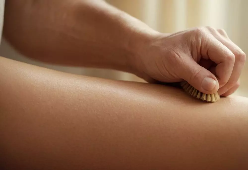 Nahaufnahme eines Menschen, der mit einer trockenen Bürste an seinem Bein arbeitet und die Bürstentechnik demonstriert, in einer einfachen, gut beleuchteten Innenraumumgebung mit einer ruhigen Atmosphäre. Fotografischer Stil, umgesetzt mit hochauflösender Fotografie, die sich auf die Hände und die Bewegung der Bürste konzentriert.