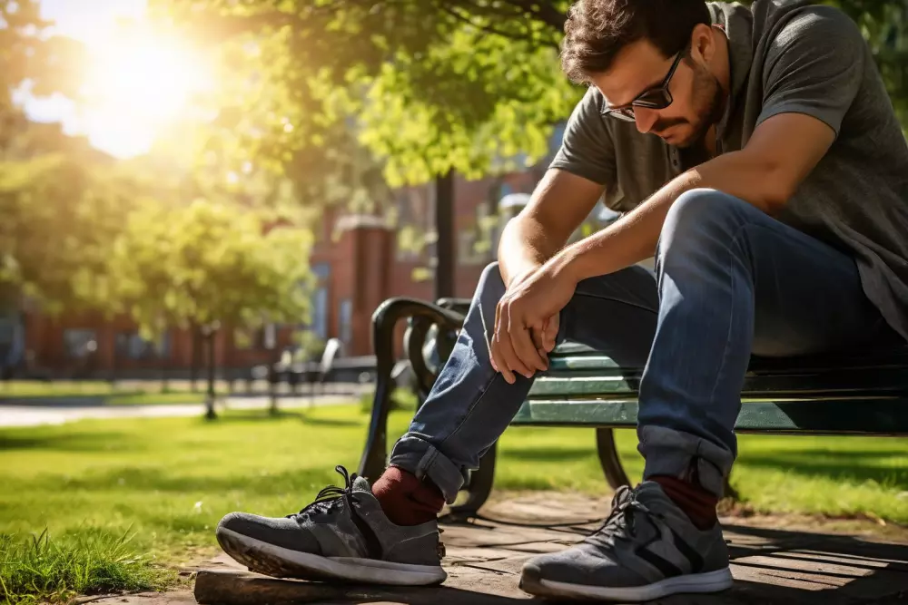 Eine Person sitzt auf einer Bank und berührt ihre geschwollenen, venösen Beine, was Unbehagen und Schmerzen zeigt, im Freien an einem sonnigen Tag. Fotografie, Nahaufnahme mit HDR-Effekt zur Verbesserung der Details.