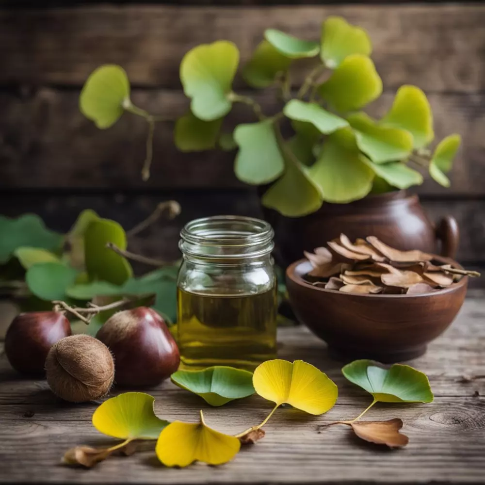 Eine ruhige Umgebung natürlicher Heilmittel, darunter Kräuter wie Ginkgo und Rosskastanie auf einem antiken Holztisch, mit sanftem natürlichen Licht, das eine beruhigende und therapeutische Stimmung schafft. Fotografie mit einem mittleren Teleobjektiv und weichem Fokus.