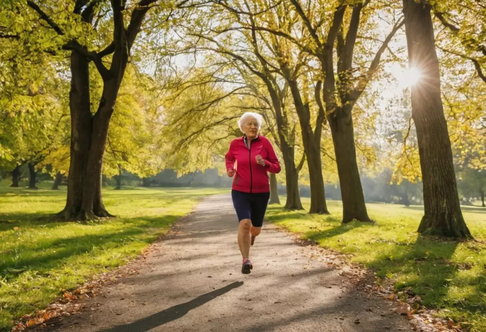 Ein aktiver älterer Mensch joggt in einem Park und repräsentiert präventive Maßnahmen gegen Thrombose. Das Foto wurde bei Tageslicht aufgenommen und mit einem Weitwinkelobjektiv realisiert, das die lebendige natürliche Umgebung einfängt.