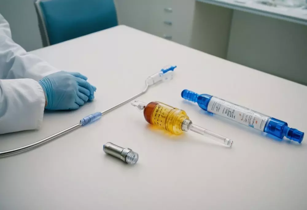 Eine Sammlung von medizinischen Instrumenten im Zusammenhang mit der Behandlung von Krampfadern, darunter eine Spritze für die Sklerotherapie, ein Lasergerät und eine Kochsalzlösung, ordentlich auf einem sauberen, sterilen Tisch angeordnet, in einer hellen, klinischen Umgebung, fotografiert im Detail.