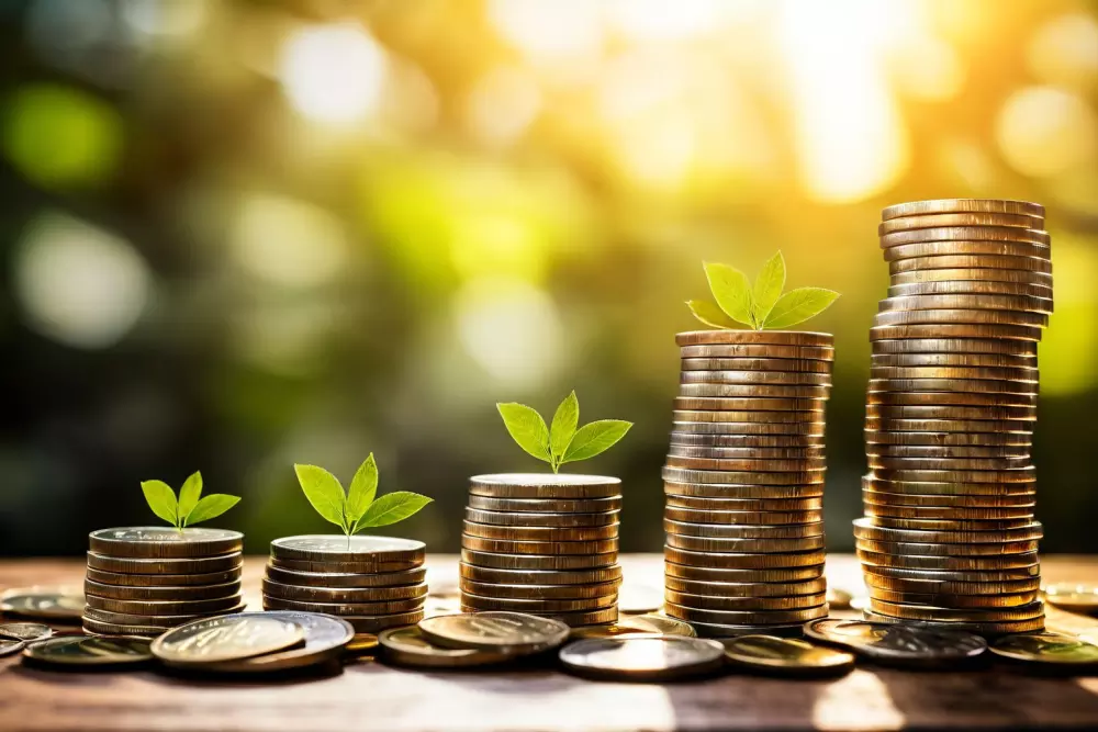 Stapel von Münzen mit unterschiedlichen Höhen auf einem hellen Hintergrund, einfach und klar, fotografiert in hoher Auflösung mit einem Makroobjektiv für Details.