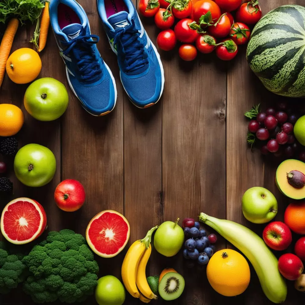 Frische Früchte, Gemüse und Laufschuhe auf einem Holzboden angeordnet, symbolisieren gesunde Lebensstilentscheidungen zur Vorbeugung von Besenreisern. Fotografie mit natürlichem Licht und lebendigen Farben.