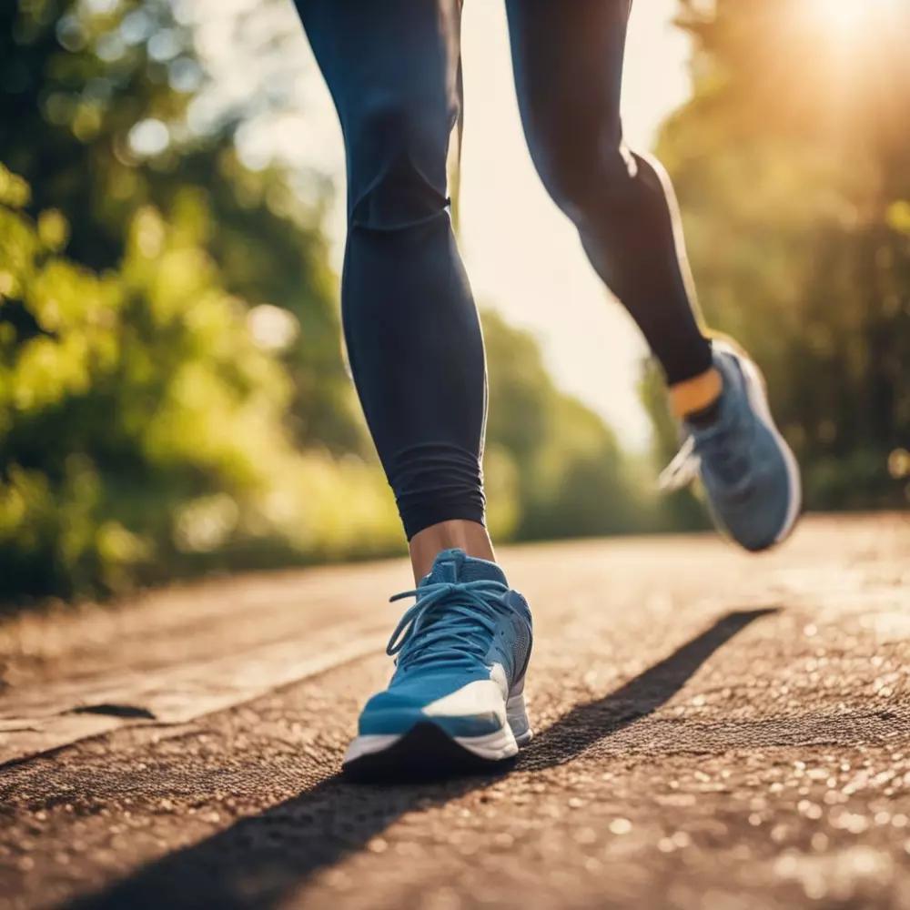 Close-up of a person's legs while jogging in a park, representing an active lifestyle for vein health prevention, sunny outdoor environment, high resolution.