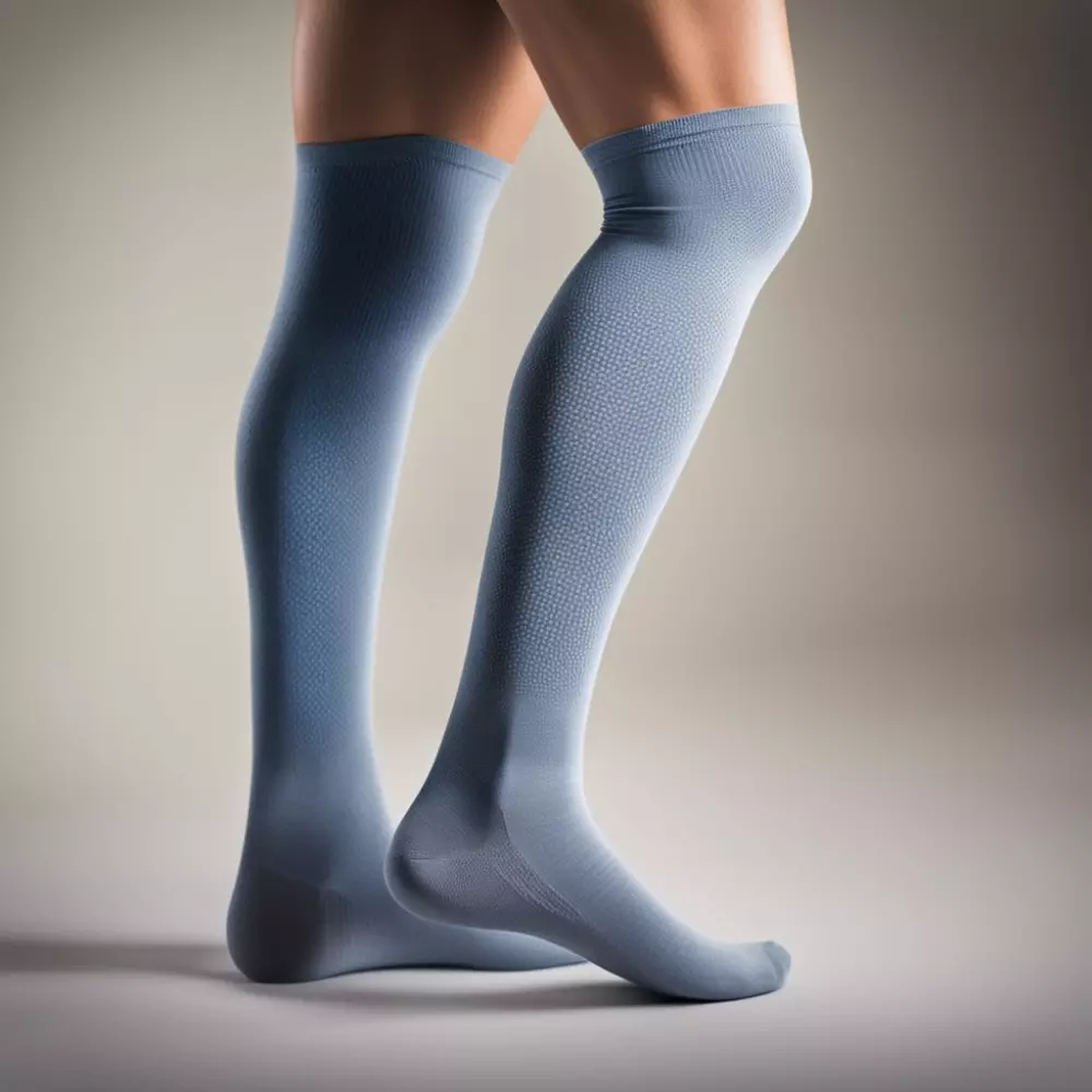 Kompressionsstrümpfe an den Beinen eines Patienten, mit Schwerpunkt auf der Textur und Passform, in einer einfachen und informativen Umgebung. Fotografisch umgesetzt mit Fokus auf Klarheit und Detail.
