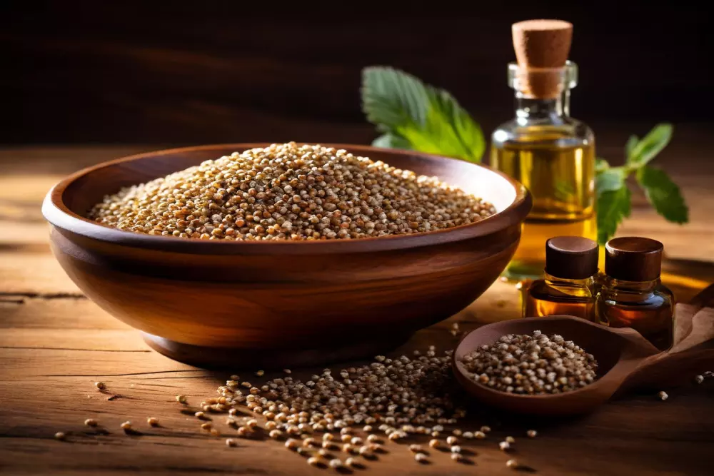 Eine hölzerne Schale gefüllt mit Buchweizen neben einem kleinen Beutel und ätherischen Ölen auf einem Holztisch, Fotografie mit einem 35mm Objektiv, weiches natürliches Licht, hohe Auflösung.