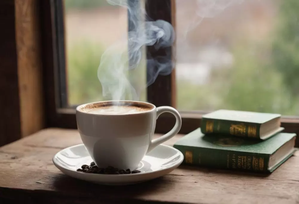 Eine Nahaufnahme einer dampfenden Kaffeetasse auf einem rustikalen Holztisch, umgeben von Kräuterergänzungen und einem medizinischen Buch über Venengesundheit, drinnen mit natürlichem Licht, das durch ein Fenster filtert. Fotografie mit einem Makroobjektiv, weicher Fokus auf Kaffee, um seine Bedeutung für die Venengesundheit darzustellen.