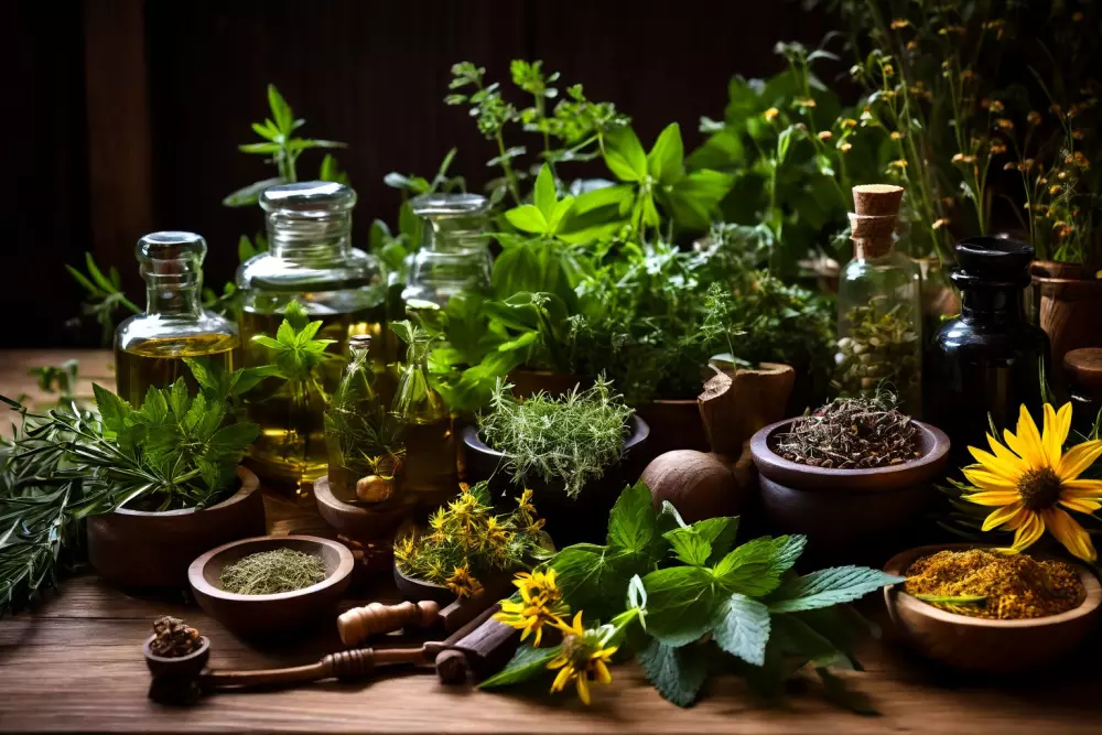 Verschiedene Kräuter und Pflanzen, die in der Phytotherapie verwendet werden, ordentlich auf einer Holzoberfläche angeordnet, um natürliche Behandlungsoptionen zu betonen. Fotografie mit natürlichem Licht und Fokus auf den Texturen der Pflanzen.