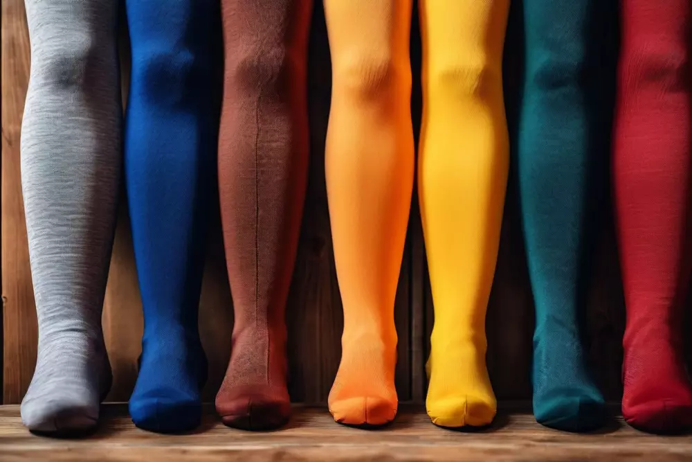 Kompressionsstrümpfe auf einem Holzhintergrund, die verschiedene Arten und Farben ordentlich angeordnet zeigen, in einer hellen und sauberen Umgebung, im fotografischen Stil, aufgenommen in einer Nahaufnahme mit scharfem Fokus, um die Textur und Vielfalt zu betonen.