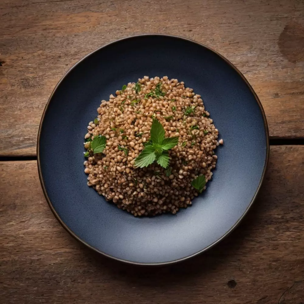 Ein wunderschön angerichteter Teller mit Buchweizengericht, garniert mit Kräutern, serviert auf einem rustikalen Tisch. Fotografie mit einem mittleren Teleobjektiv, natürlichem Licht, hoher Auflösung.