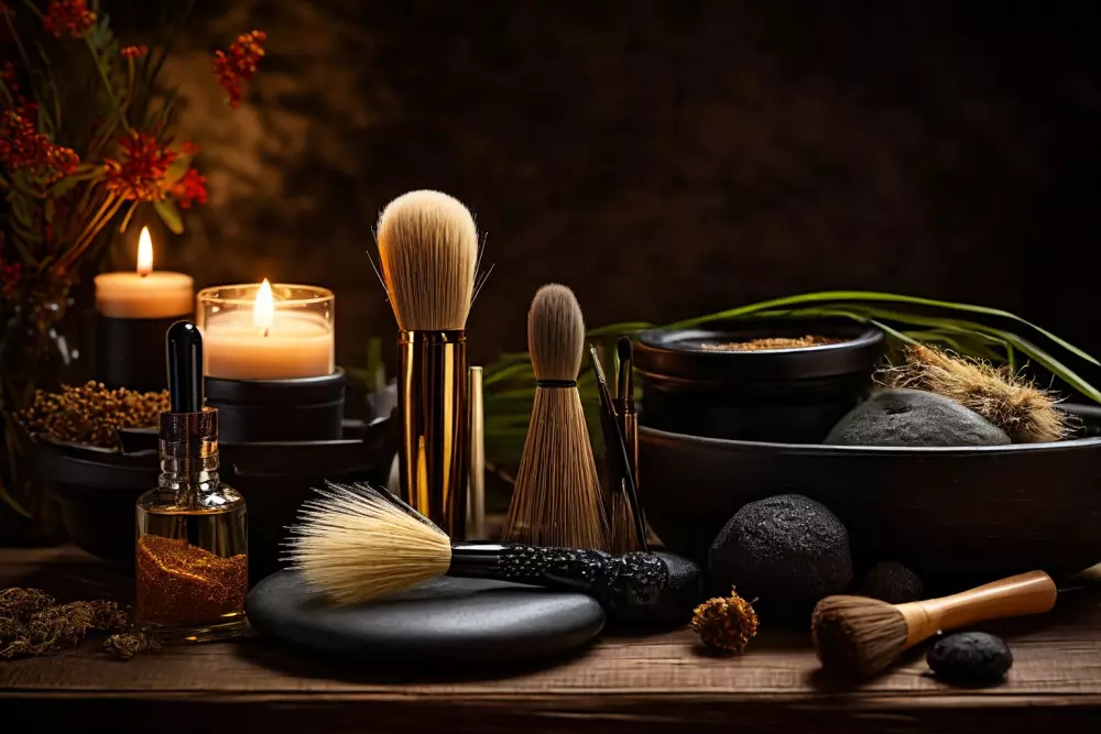 Eine Auswahl verschiedener trockener Bürsten in einer ruhigen Spa-Umgebung, die sich auf die Texturen und Arten von Bürsten konzentriert, die für Hautbehandlungen verwendet werden, unter sanftem Umgebungslicht, fotografiert in hoher Auflösung, um die Vielfalt und Details der Bürsten zu betonen.