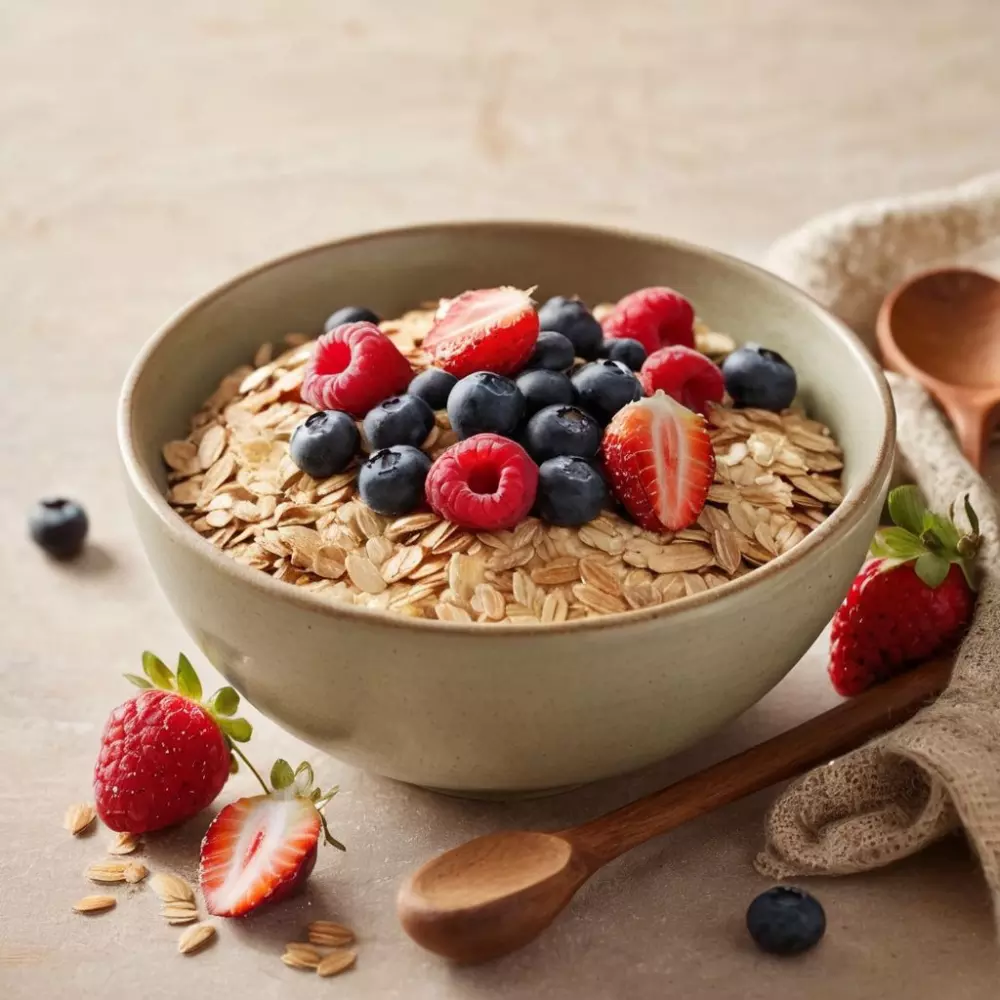 Eine Schüssel mit ballaststoffreichen Lebensmitteln wie Haferflocken, Kleie und frischen Beeren, mit einem hölzernen Löffel, vor einem weichen beigen Hintergrund platziert, das Morgenlicht strömt herein und betont die Texturen und Farben, Fotografie, Fotografie mit natürlichem Licht und detailreicher Textur.