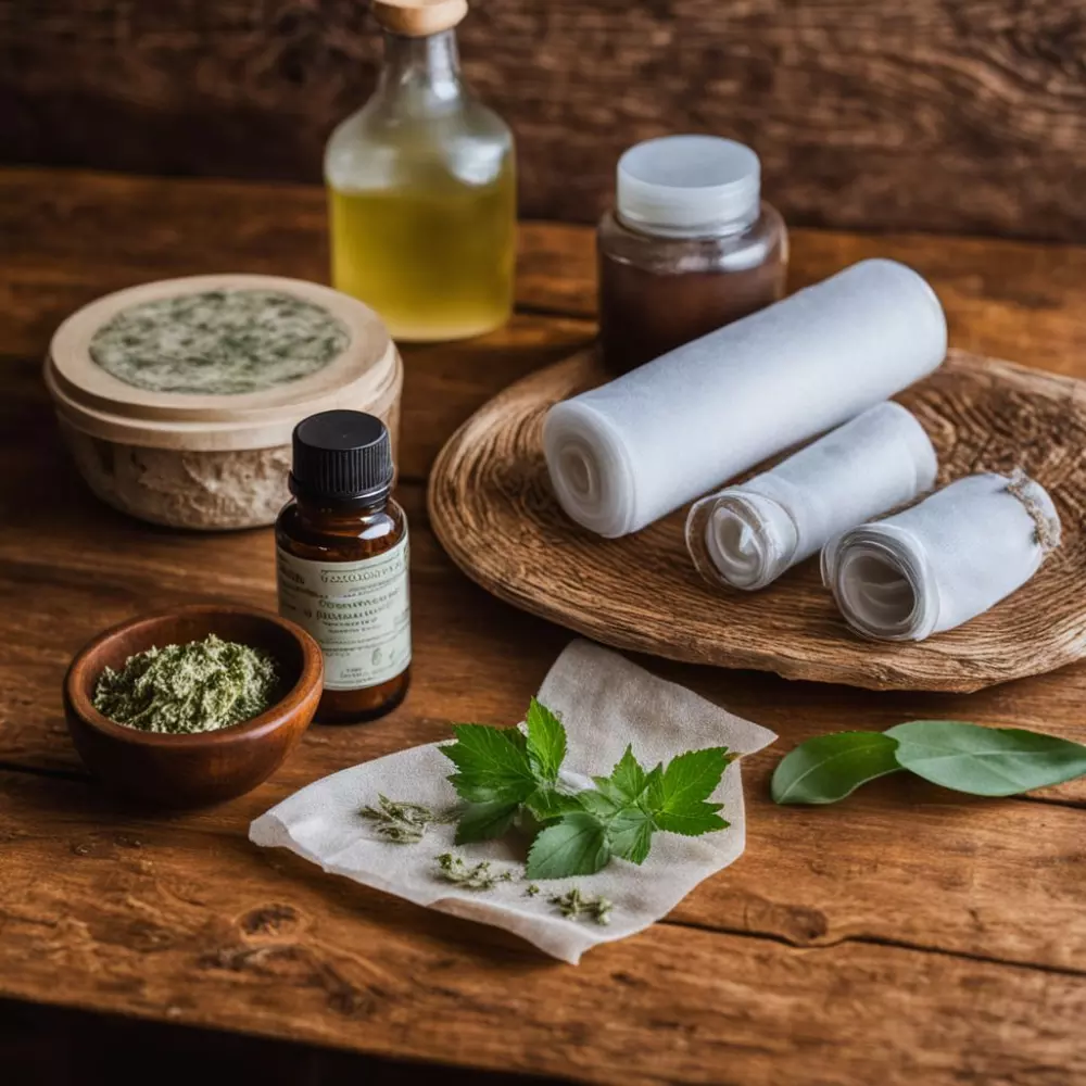 Kräuterwickel und natürliche Salben, die auf einem Holztisch zubereitet wurden, fotografiert bei warmem Innenlicht mit einem Weitwinkelobjektiv.