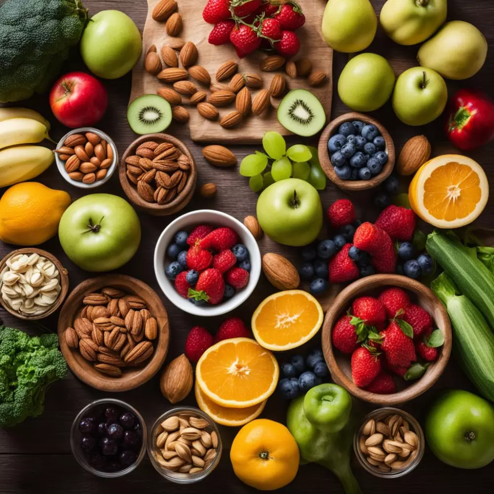 Eine Vielzahl gesunder Lebensmittel, darunter Obst, Gemüse und Nüsse, ordentlich auf einem Tisch angeordnet, konzentriert auf eine Ernährung, die für Krampfadern vorteilhaft ist, in einer hellen Küchenumgebung. Fotografischer Stil umgesetzt mit einem Makroobjektiv in hoher Auflösung.