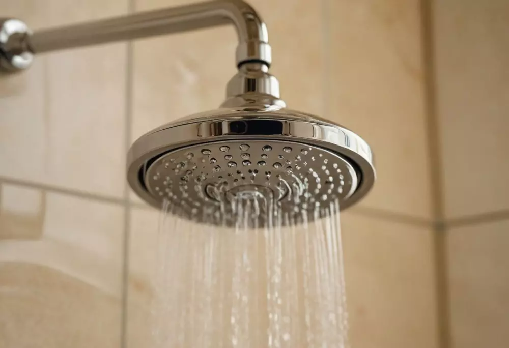 Nahaufnahme einer Duschkopfes mit abwechselnd heißem und kaltem Wasser, innen, modernes Badezimmer, fotografischer Stil, Fokussierung auf Wassertropfen und Dampf zur Veranschaulichung des Kontrasts, Verwendung eines Makroobjektivs für eine detaillierte Aufnahme.