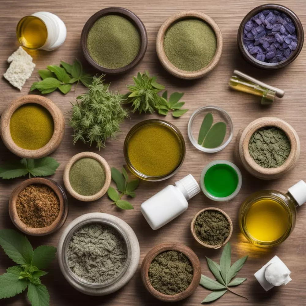 Verschiedene pflanzliche Nahrungsergänzungsmittel und Pflanzen werden in einem natürlichen Umfeld präsentiert, die zur Behandlung von Besenreisern verwendet werden. Die Fotos wurden mit einer DSLR-Kamera in hoher Auflösung aufgenommen.