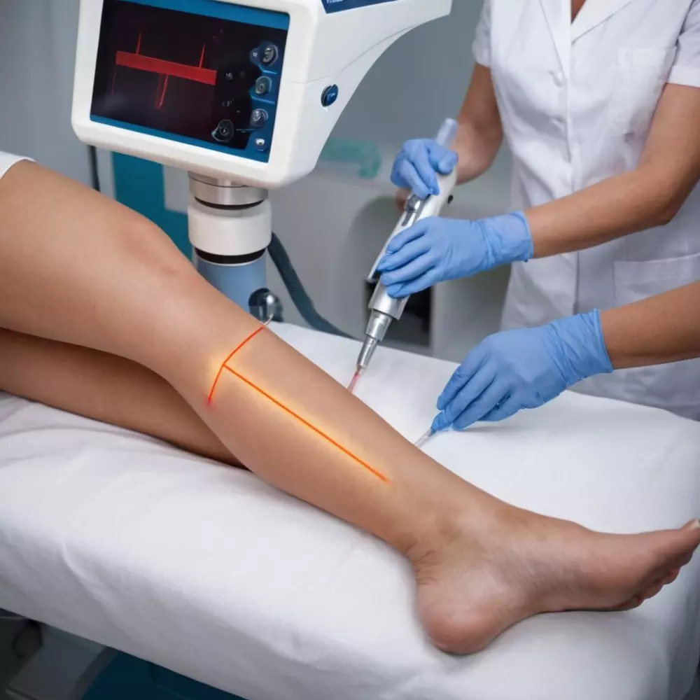 Medizinisches Fachpersonal bereitet in einer Klinik einen Laser für die Behandlung von Krampfadern vor, wobei der Fokus auf dem Lasergerät und den Beinen des Patienten liegt. Das Foto wurde in einer gut beleuchteten klinischen Umgebung aufgenommen.