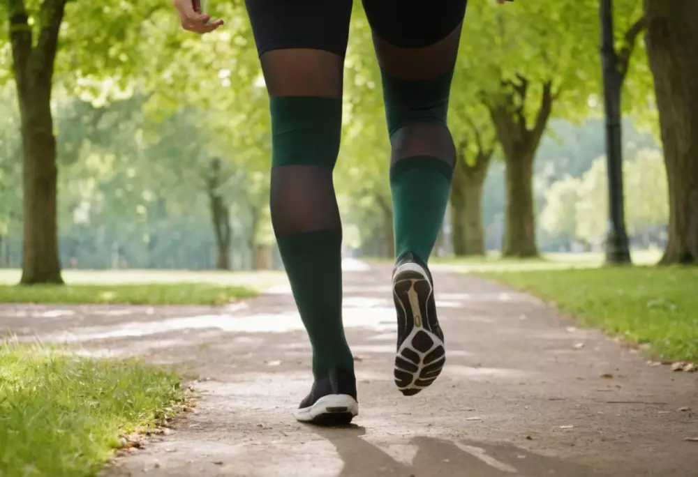 Eine friedliche Szene einer Person, die in einem Park spazieren geht, trägt Kompressionsstrümpfe, ein klarer Tag mit grünen Bäumen ringsum, Fotografie mit einem mittleren Teleobjektiv, die die Person in Bewegung mit sanftem natürlichen Licht einfängt.