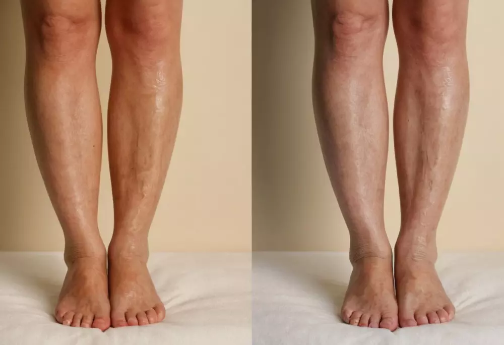Seitlich nebeneinander angeordnete Bilder eines Beins mit Krampfadern vor der Behandlung und des gleichen Beins nach erfolgreicher Behandlung, das klare Haut zeigt, in einer hellen, klinischen Umgebung, aufgenommen mit einem detaillierten Fokus, um die Wirksamkeit der Behandlung zu betonen.