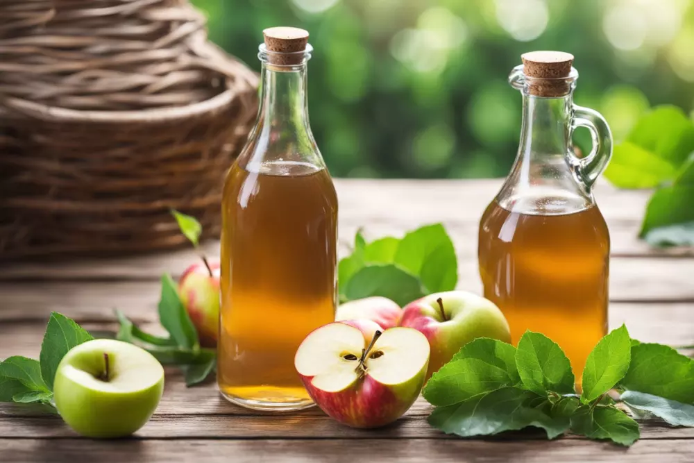 Bottle of apple cider vinegar on wooden table, green plants background, soft daylight, photographic, close-up shot.