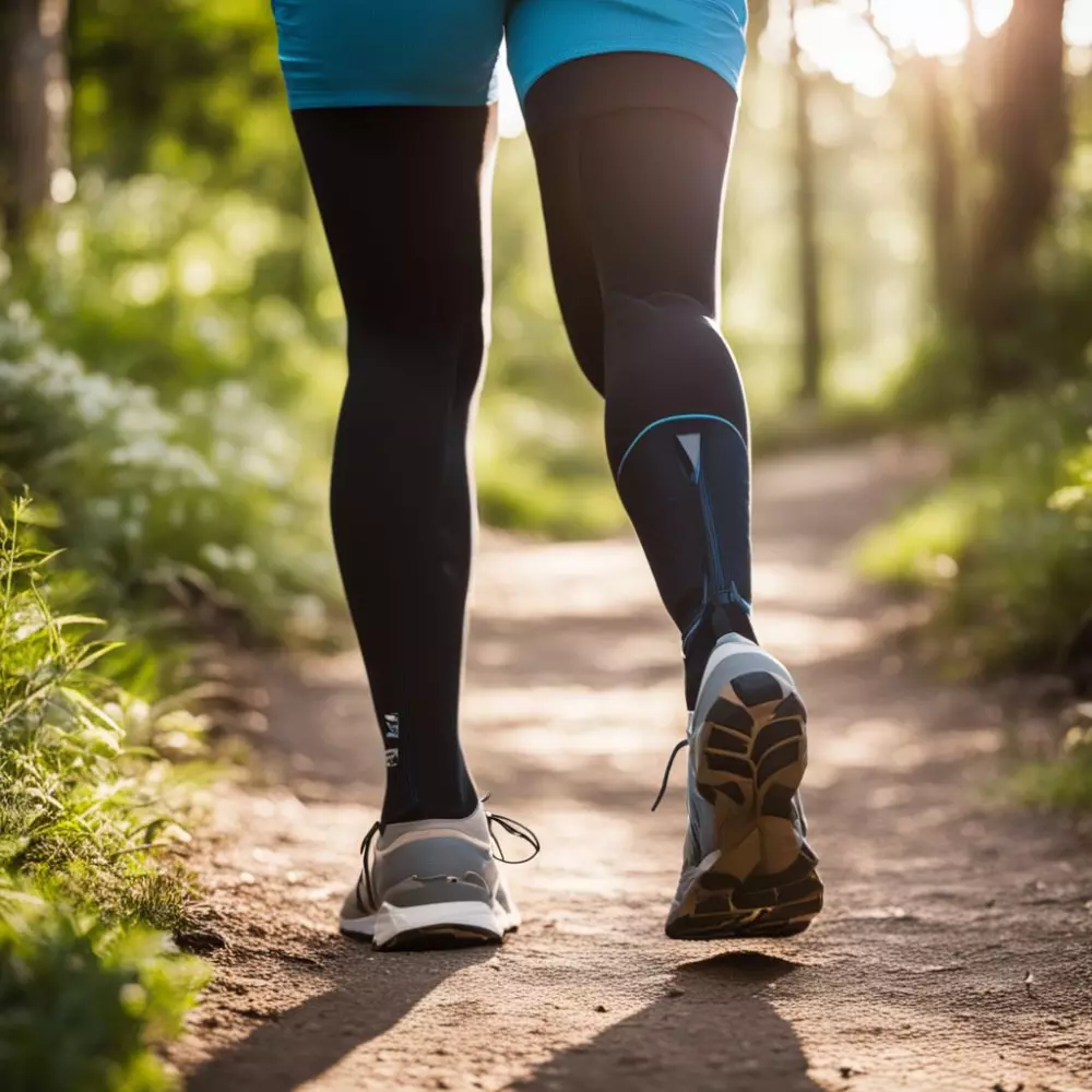 Person walking on a path wearing compression stockings on their legs, outdoors with natural lighting, Photographic, showing an active lifestyle.