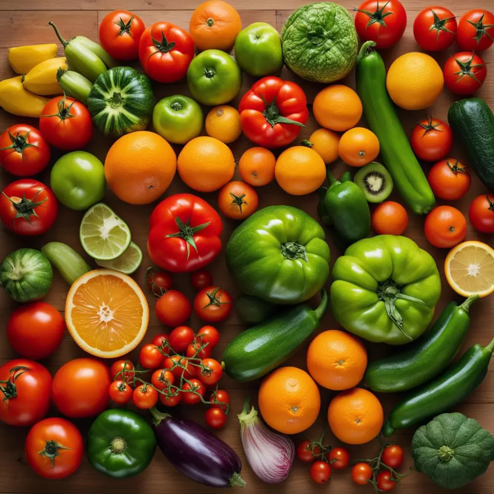 Eine lebendige Darstellung einer Vielzahl von Früchten und Gemüse, darunter Tomaten, grüne Paprika und Orangen, angeordnet in einem Regenbogenmuster auf einer hellen Holzoberfläche, in einer hellen und luftigen Umgebung, Fotografie, Fotografie mit hoher Auflösung und farbintensiven Details.