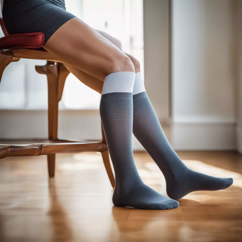 Eine Nahaufnahme eines Beins mit einem Kompressionsstrumpf, der die Textur und Passform des Strumpfes am Bein betont, in einem gut beleuchteten Raum.