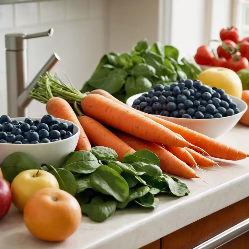 Eine Auswahl frischer Früchte und Gemüse in lebendigen Farben, darunter Blaubeeren, Spinat und Karotten, ordentlich auf einer hellen, sauberen Küchentheke präsentiert, in einem sonnendurchfluteten Umfeld, das Vitalität und Gesundheit betont. Fotografie mit scharfem Fokus und lebendigen Farben.