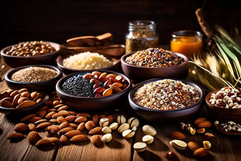 Nahaufnahme einer Vielzahl von nahrhaften Lebensmitteln, darunter Nüsse, Samen und Vollkornprodukte, kunstvoll auf einem rustikalen Holztisch arrangiert, im natürlichen Sonnenlicht, was eine gesunde und natürliche Umgebung hervorruft. Fotografie mit einem Weitwinkelobjektiv und hoher Auflösung.