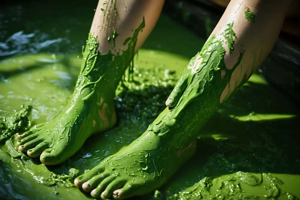Hände tragen grüne Algencreme auf die Beine auf, fotografische, detaillierte Aufnahme mit einer Nahaufnahme in einer hell beleuchteten Umgebung.