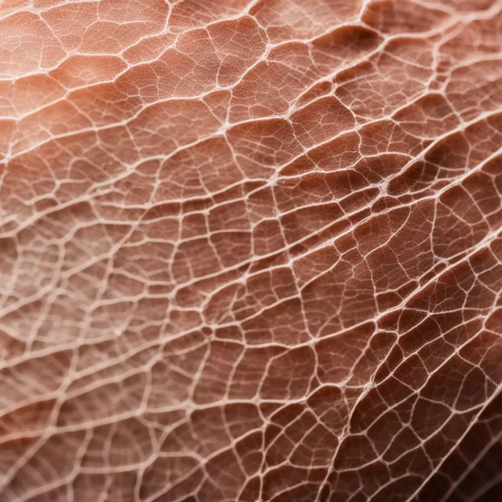 Close-up of varicose and spider veins on skin, detailed texture, natural light, photographic style, high resolution.