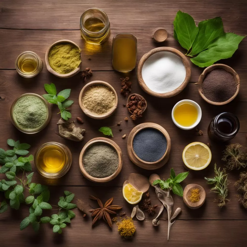 Various natural remedies for veins, high-angle view, assortment on wooden surface, soft natural lighting, photographic style.