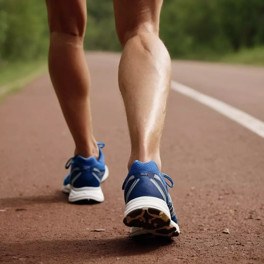 Nahaufnahme der Beine eines Läufers mit sichtbaren Krampfadern, um die Auswirkungen auf Sportler zu betonen, im Freien, bei Tageslicht, fotografisch, mit einem Fokus auf Klarheit und Detail mithilfe einer hochauflösenden Kamera.