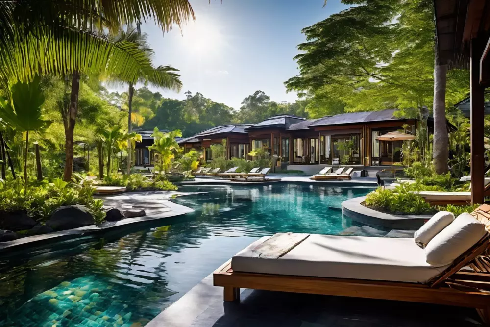 Ruhiger Spa-Resort mit Einrichtungen, die auf die Behandlung von Venenerkrankungen spezialisiert sind, umgeben von Natur, fotografisch festgehalten, das die ruhige Umgebung im hellen Tageslicht einfängt.