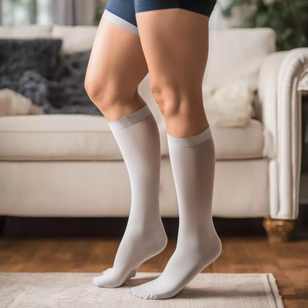 Kompressionsstrümpfe an den Beinen einer Person, mit Fokus darauf, wie sie um die Waden passen, in einem häuslichen Umfeld, bei Tageslicht, fotografisch festgehalten, mit einer mittleren Teleobjektivlinse für realistische Details.