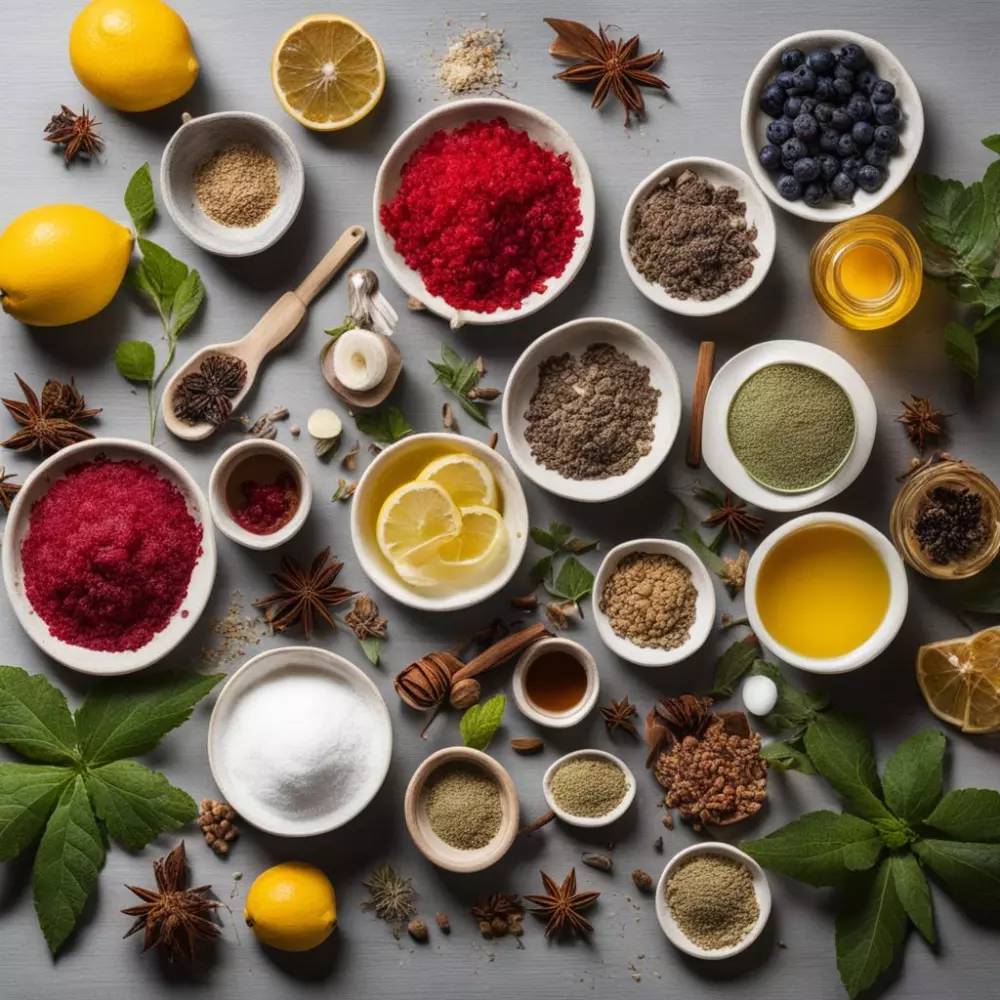 Eine Vielzahl von natürlichen Zutaten und Hausmitteln auf einem Tisch ausgelegt, die zur Behandlung von Besenreisern dienen, fotografisch festgehalten mit einer DSLR-Kamera in hoher Auflösung.