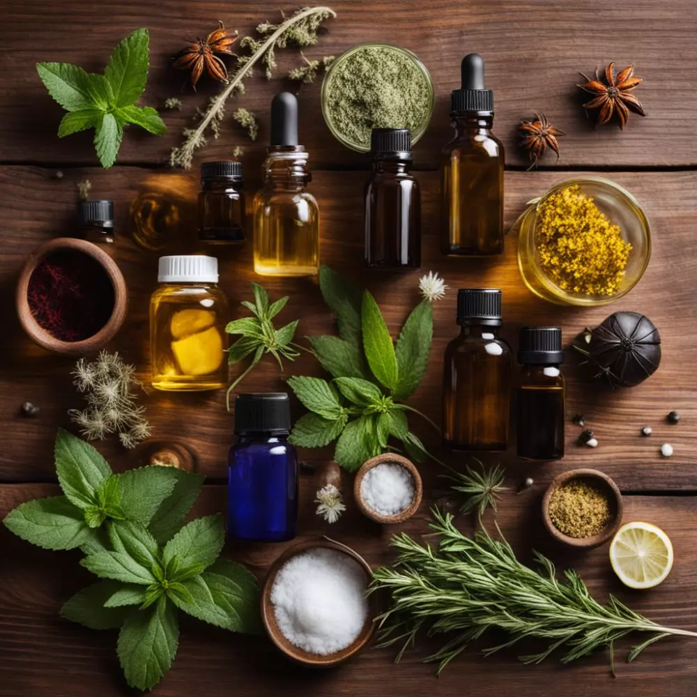 Eine Auswahl an natürlichen Heilmitteln wie Kräutern und ätherischen Ölen auf einem Holztisch, wobei der Fokus auf ihren Texturen und Farben liegt. Das Foto wurde bei Tageslicht aufgenommen, um das Potenzial für die Behandlung von Besenreisern zu Hause zu betonen.