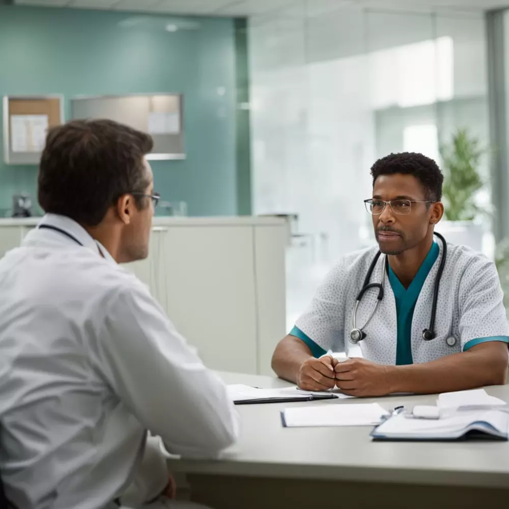 Medium shot of a patient discussing with a doctor, showing concern, in a medical office setting, soft natural lighting, high resolution.