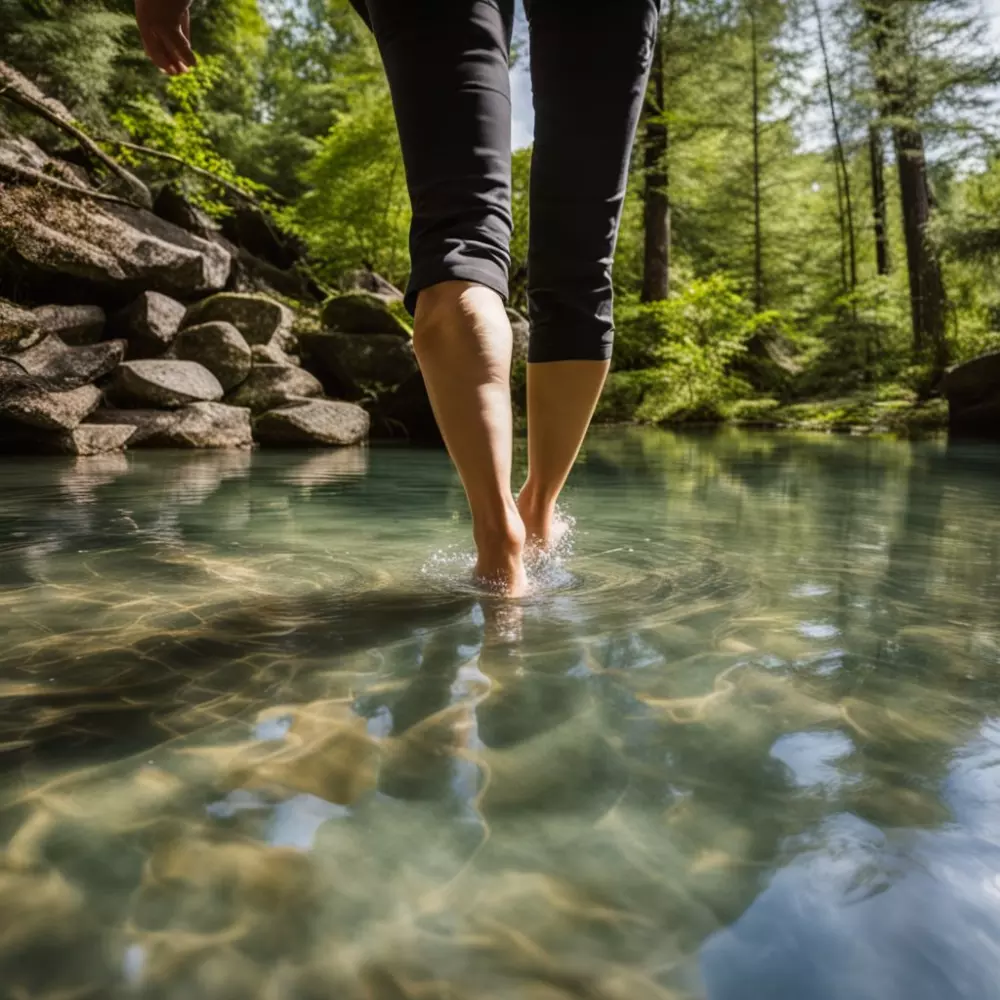 Füße, die in einem flachen Wasserbecken für Wassertreten-Therapie gehen, konzentriert auf die Wasserbewegung um die Füße, in einer natürlichen Außenumgebung, fotografisch festgehalten bei Tageslicht mit einem Weitwinkelobjektiv.