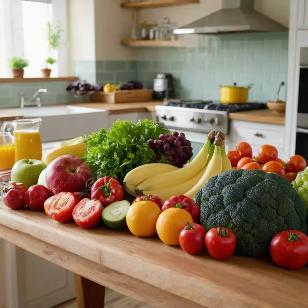 Frische bunte Gemüse und Früchte, die auf einem Holztisch ausgebreitet sind, deuten auf eine gesunde Ernährung zur Vorbeugung von Besenreisern hin, in einer hellen und einladenden Küchenumgebung, fotografisch festgehalten im Weitwinkelstil, um die Vielfalt und Farben lebendig einzufangen.