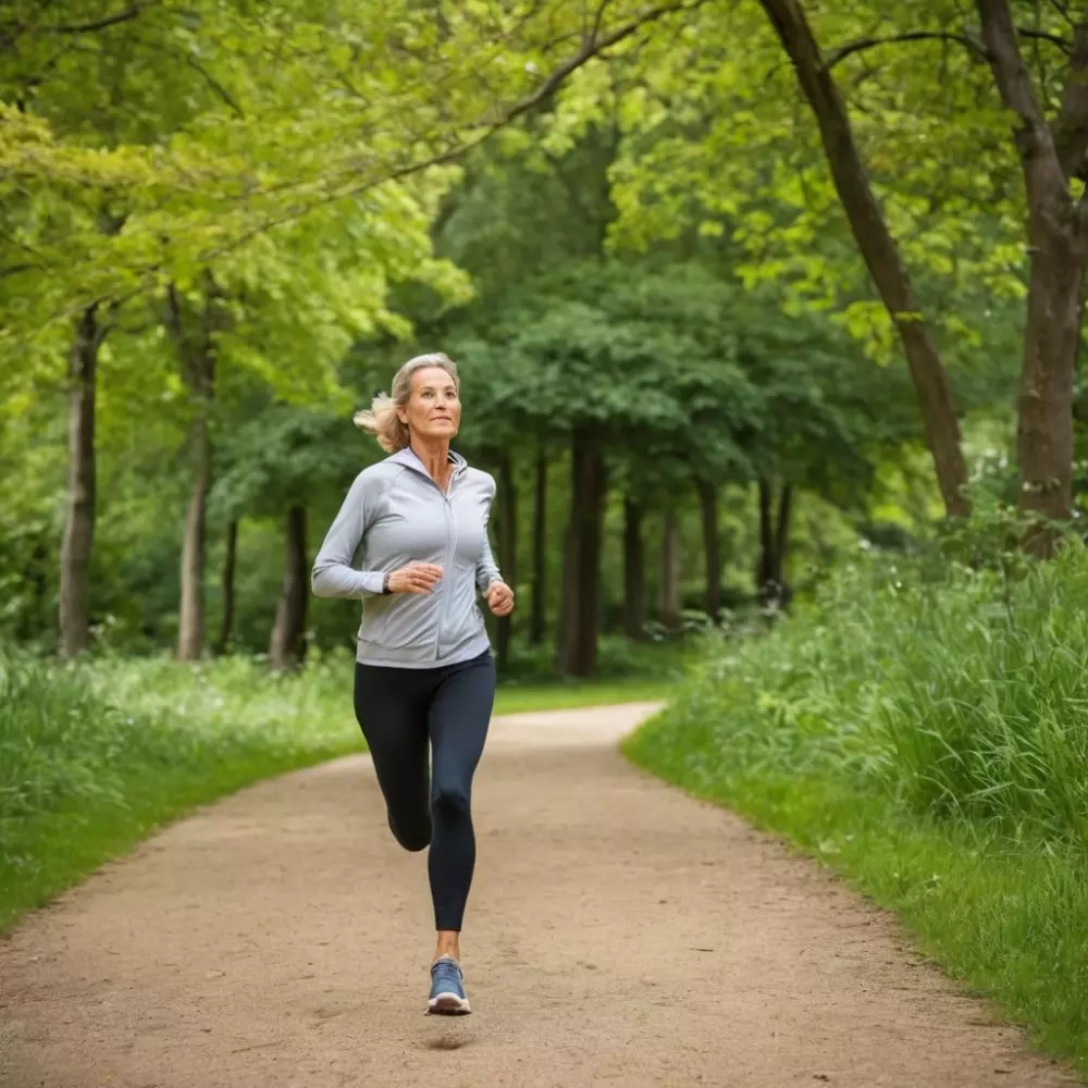 Eine aktive mittelalte Frau joggt in einem Park und betont Bewegung und einen gesunden Lebensstil, umgeben von lebendigem Grün, im hellen Tageslicht. Das Foto wurde mit einem Weitwinkelobjektiv aufgenommen, um die umgebende Natur einzubeziehen und eine dynamische Komposition zu gewährleisten.